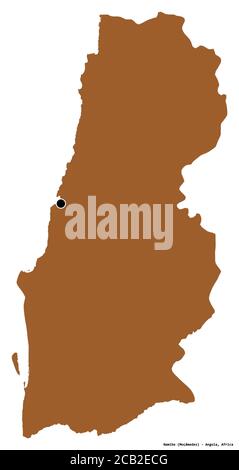 Form von Namibe, Provinz Angola, mit seiner Hauptstadt isoliert auf weißem Hintergrund. Komposition von gemusterten Texturen. 3D-Rendering Stockfoto
