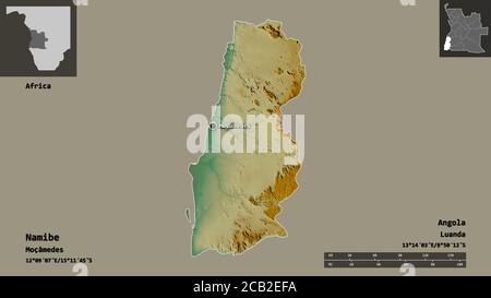 Form von Namibe, Provinz Angola, und seine Hauptstadt. Entfernungsskala, Vorschauen und Beschriftungen. Topografische Reliefkarte. 3D-Rendering Stockfoto