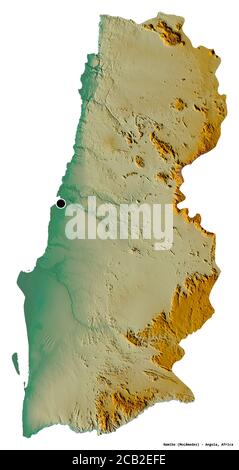 Form von Namibe, Provinz Angola, mit seiner Hauptstadt isoliert auf weißem Hintergrund. Topografische Reliefkarte. 3D-Rendering Stockfoto