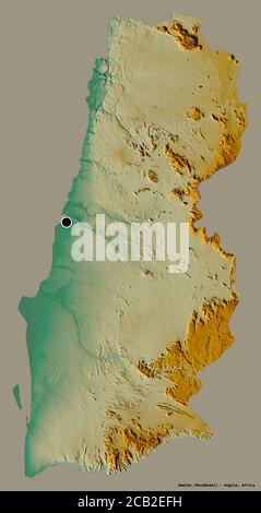 Form von Namibe, Provinz Angola, mit seiner Hauptstadt isoliert auf einem einfarbigen Hintergrund. Topografische Reliefkarte. 3D-Rendering Stockfoto