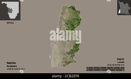 Form von Namibe, Provinz Angola, und seine Hauptstadt. Entfernungsskala, Vorschauen und Beschriftungen. Satellitenbilder. 3D-Rendering Stockfoto