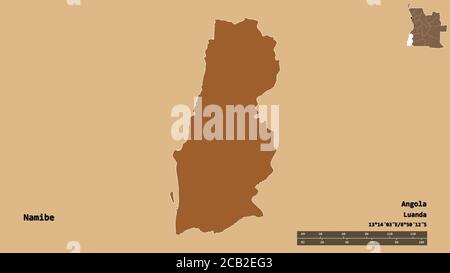 Form von Namibe, Provinz Angola, mit seiner Hauptstadt isoliert auf festem Hintergrund. Entfernungsskala, Regionenvorschau und Beschriftungen. Zusammensetzung des Musteres Stockfoto