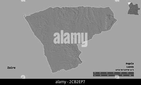 Form von Zaire, Provinz Angola, mit seiner Hauptstadt auf festem Hintergrund isoliert. Entfernungsskala, Regionenvorschau und Beschriftungen. Höhenkarte mit zwei Ebenen. 3 Stockfoto