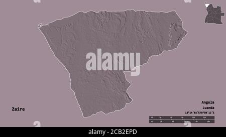 Form von Zaire, Provinz Angola, mit seiner Hauptstadt auf festem Hintergrund isoliert. Entfernungsskala, Regionenvorschau und Beschriftungen. Farbige Höhenkarte. 3 Stockfoto