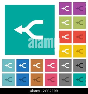 Zusammenführen von Pfeilen links mehrfarbige flache Symbole auf einfachen quadratischen Hintergründen. Weiße und dunklere Symbolvarianten für schwebe- oder aktive Effekte. Stock Vektor