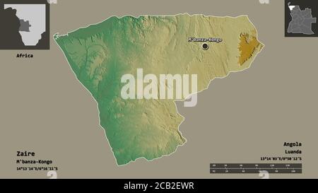 Form von Zaire, Provinz Angola, und seine Hauptstadt. Entfernungsskala, Vorschauen und Beschriftungen. Topografische Reliefkarte. 3D-Rendering Stockfoto