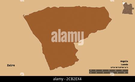 Form von Zaire, Provinz Angola, mit seiner Hauptstadt auf festem Hintergrund isoliert. Entfernungsskala, Regionenvorschau und Beschriftungen. Komposition von gemustert Stockfoto