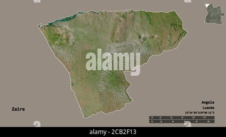 Form von Zaire, Provinz Angola, mit seiner Hauptstadt auf festem Hintergrund isoliert. Entfernungsskala, Regionenvorschau und Beschriftungen. Satellitenbilder. 3D-RE Stockfoto