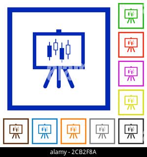 Präsentationstabelle mit Kerzenständer Diagramm flache Farbe Symbole im Quadrat Rahmen auf weißem Hintergrund Stock Vektor