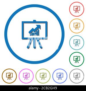 Präsentationstabelle mit Kerzenständer Diagramm flache Farbe Vektor-Symbole mit Schatten in runden Umrissen auf weißem Hintergrund Stock Vektor