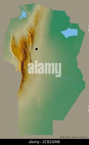 Form von Córdoba, Provinz von Argentinien, mit seiner Hauptstadt isoliert auf einem einfarbigen Hintergrund. Topografische Reliefkarte. 3D-Rendering Stockfoto