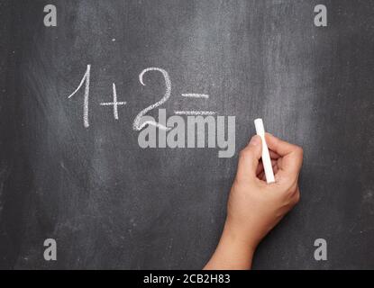 Mathe Beispiel geschrieben in weißer Kreide auf einem schwarzen Kreidetafel und einer Frauenhand mit weißer Kreide, eins plus zwei Stockfoto
