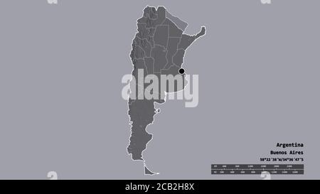 Entsättigte Form Argentiniens mit seiner Hauptstadt, der wichtigsten regionalen Teilung und dem abgetrennten Formosa-Gebiet. Beschriftungen. Farbige Höhenkarte. 3D-Rendering Stockfoto