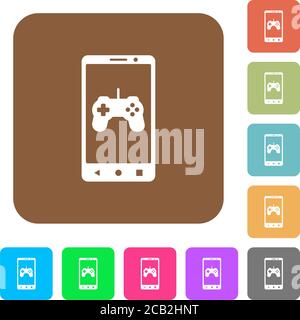 Flache Symbole für mobile Spiele auf runden quadratischen, lebendigen Hintergrundbildern. Stock Vektor