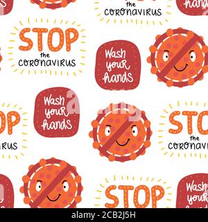 Corona Virus Schriftzüge und Symbole nahtloses Vektormuster. Wiederholende Hintergrund mit Stop the Coronavirus, waschen Sie Ihre Hände, Virus hinter Verbot Stock Vektor