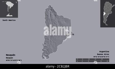 Form von Neuquén, Provinz von Argentinien, und seine Hauptstadt. Entfernungsskala, Vorschauen und Beschriftungen. Farbige Höhenkarte. 3D-Rendering Stockfoto