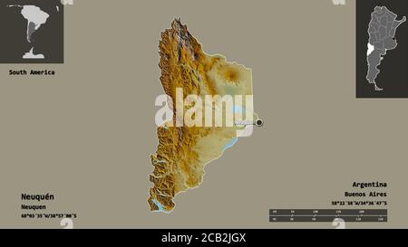 Form von Neuquén, Provinz von Argentinien, und seine Hauptstadt. Entfernungsskala, Vorschauen und Beschriftungen. Topografische Reliefkarte. 3D-Rendering Stockfoto