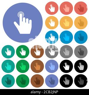 Rechtshänder Klicken Geste mehrfarbige flache Symbole auf runden Hintergründen. Inklusive weiße, helle und dunkle Symbolvarianten für schweben und aktive Statu Stock Vektor