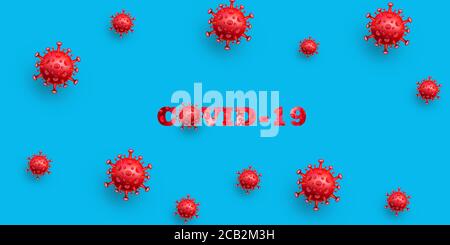 Rotes Coronavirus auf medizinischem blauem Hintergrund, 3D-Darstellung von COVID-19, 3D-Darstellung von 2019-NCoV, Corona hohe Auflösung mit Pro-Visualisierung. Stockfoto