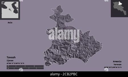 Form von Tavush, Provinz von Armenien, und seine Hauptstadt. Entfernungsskala, Vorschauen und Beschriftungen. Farbige Höhenkarte. 3D-Rendering Stockfoto