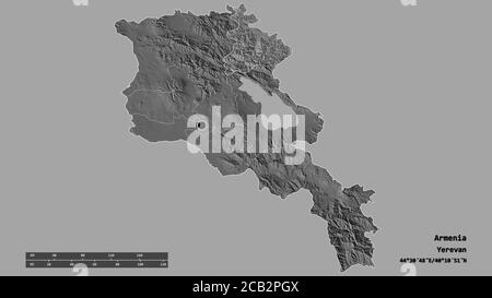 Entsättigte Form Armeniens mit seiner Hauptstadt, der wichtigsten regionalen Teilung und dem abgetrennten Tavush-Gebiet. Beschriftungen. Höhenkarte mit zwei Ebenen. 3D-Rendering Stockfoto