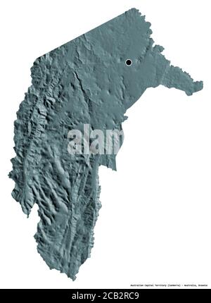 Form des Australian Capital Territory, Territorium von Australien, mit seiner Hauptstadt isoliert auf weißem Hintergrund. Farbige Höhenkarte. 3D-Rendering Stockfoto