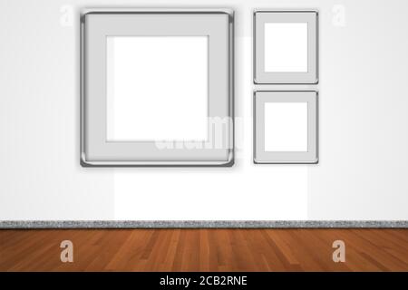 Ein großer Rahmen und zwei kleine Rahmen Bilder isoliert auf gradienten weißen Wand Hintergrund, portofolio Metall Mockup Kunstwerk Design 3 Rahmen Stockfoto