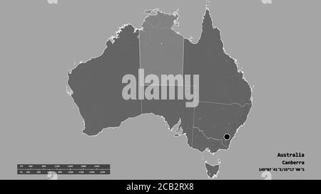 Entsättigte Form von Australien mit seiner Hauptstadt, der wichtigsten regionalen Teilung und dem abgetrennten Northern Territory Gebiet. Beschriftungen. Höhenkarte mit zwei Ebenen. 3D r Stockfoto