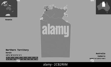 Form des Northern Territory, Territorium von Australien, und seine Hauptstadt. Entfernungsskala, Vorschauen und Beschriftungen. Höhenkarte mit zwei Ebenen. 3D-Rendering Stockfoto