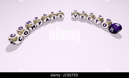 Kreuzworträtsel des Kompassvektors angeordnet durch kubische Buchstaben auf einem Spiegelboden, Konzept Bedeutung und Präsentation. Illustration und Hintergrund. 3D-Illustration Stockfoto