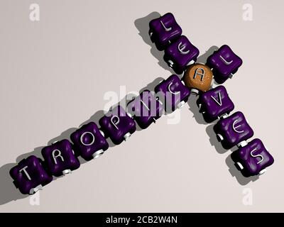 Tropische Blätter Kreuzworträtsel der bunten kubischen Buchstaben. 3D-Illustration. Hintergrund und Strand Stockfoto