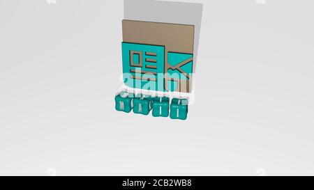 3D-Darstellung von MAIL mit Symbol an der Wand und Text angeordnet durch metallische kubische Buchstaben auf einem Spiegelboden für Konzept Bedeutung und Diashow-Präsentation. Illustration und Umschlag Stockfoto