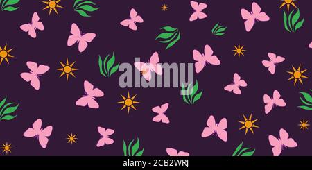 Schöne abstrakte Schmetterling Muster, hübsche Hintergrund mit Formen wie Schmetterlinge, Blumenpflanzen und Sterne, Natur Illustration Papier Stil Stockfoto