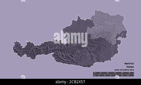 Entsättigte Form von Österreich mit seiner Hauptstadt, Hauptregionalteilung und dem abgetrennten Niederösterreich-Gebiet. Beschriftungen. Farbige Höhenkarte. 3D-rende Stockfoto