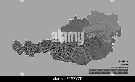 Entsättigte Form von Österreich mit seiner Hauptstadt, Hauptregionalteilung und dem abgetrennten Niederösterreich-Gebiet. Beschriftungen. Höhenkarte mit zwei Ebenen. 3D-rende Stockfoto