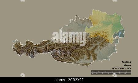 Entsättigte Form von Österreich mit seiner Hauptstadt, Hauptregionalteilung und dem abgetrennten Niederösterreich-Gebiet. Beschriftungen. Topografische Reliefkarte. 3D-Rend Stockfoto