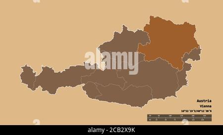 Entsättigte Form von Österreich mit seiner Hauptstadt, Hauptregionalteilung und dem abgetrennten Niederösterreich-Gebiet. Beschriftungen. Komposition aus gemusterter Textur Stockfoto