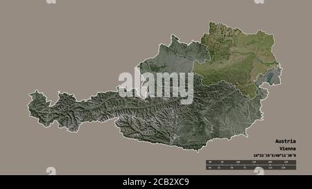 Entsättigte Form von Österreich mit seiner Hauptstadt, Hauptregionalteilung und dem abgetrennten Niederösterreich-Gebiet. Beschriftungen. Satellitenbilder. 3D-Rendering Stockfoto