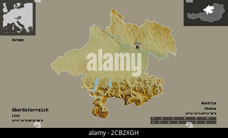 Form von Oberösterreich, Bundesland Österreich, und seiner Hauptstadt. Entfernungsskala, Vorschauen und Beschriftungen. Topografische Reliefkarte. 3D-Rendering Stockfoto