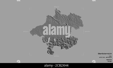 Gebiet von Oberösterreich, Bundesland Österreich, isoliert auf einem soliden Hintergrund in einem georeferenzierten Begrenzungsrahmen. Beschriftungen. Höhenkarte mit zwei Ebenen. 3D-Rendering Stockfoto