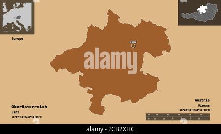 Form von Oberösterreich, Bundesland Österreich, und seiner Hauptstadt. Entfernungsskala, Vorschauen und Beschriftungen. Komposition von gemusterten Texturen. 3D-Rendering Stockfoto