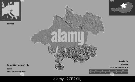 Form von Oberösterreich, Bundesland Österreich, und seiner Hauptstadt. Entfernungsskala, Vorschauen und Beschriftungen. Höhenkarte mit zwei Ebenen. 3D-Rendering Stockfoto