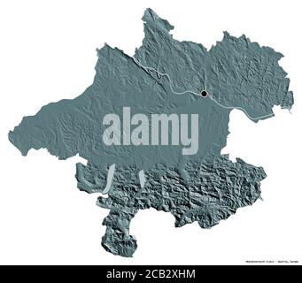 Form von Oberösterreich, Bundesland Österreich, mit seiner Hauptstadt isoliert auf weißem Hintergrund. Farbige Höhenkarte. 3D-Rendering Stockfoto