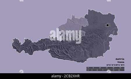 Entsättigte Form von Österreich mit seiner Hauptstadt, Hauptregionalteilung und dem abgetrennten Oberösterreich-Gebiet. Beschriftungen. Farbige Höhenkarte. 3D-Renderi Stockfoto