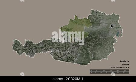 Entsättigte Form von Österreich mit seiner Hauptstadt, Hauptregionalteilung und dem abgetrennten Oberösterreich-Gebiet. Beschriftungen. Satellitenbilder. 3D-Rendering Stockfoto