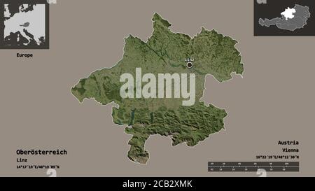 Form von Oberösterreich, Bundesland Österreich, und seiner Hauptstadt. Entfernungsskala, Vorschauen und Beschriftungen. Satellitenbilder. 3D-Rendering Stockfoto