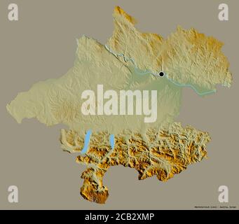 Form von Oberösterreich, Bundesland Österreich, mit seiner Hauptstadt isoliert auf einem einfarbigen Hintergrund. Topografische Reliefkarte. 3D-Rendering Stockfoto