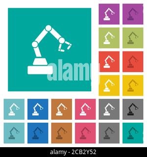 Roboterarm mehrfarbige flache Symbole auf einfachen quadratischen Hintergründen. Weiße und dunklere Symbolvarianten für schwebe- oder aktive Effekte. Stock Vektor
