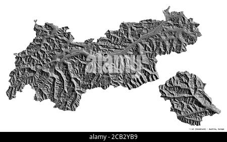 Form von Tirol, Bundesland Österreich, mit seiner Hauptstadt isoliert auf weißem Hintergrund. Höhenkarte mit zwei Ebenen. 3D-Rendering Stockfoto