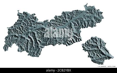 Form von Tirol, Bundesland Österreich, mit seiner Hauptstadt isoliert auf weißem Hintergrund. Farbige Höhenkarte. 3D-Rendering Stockfoto